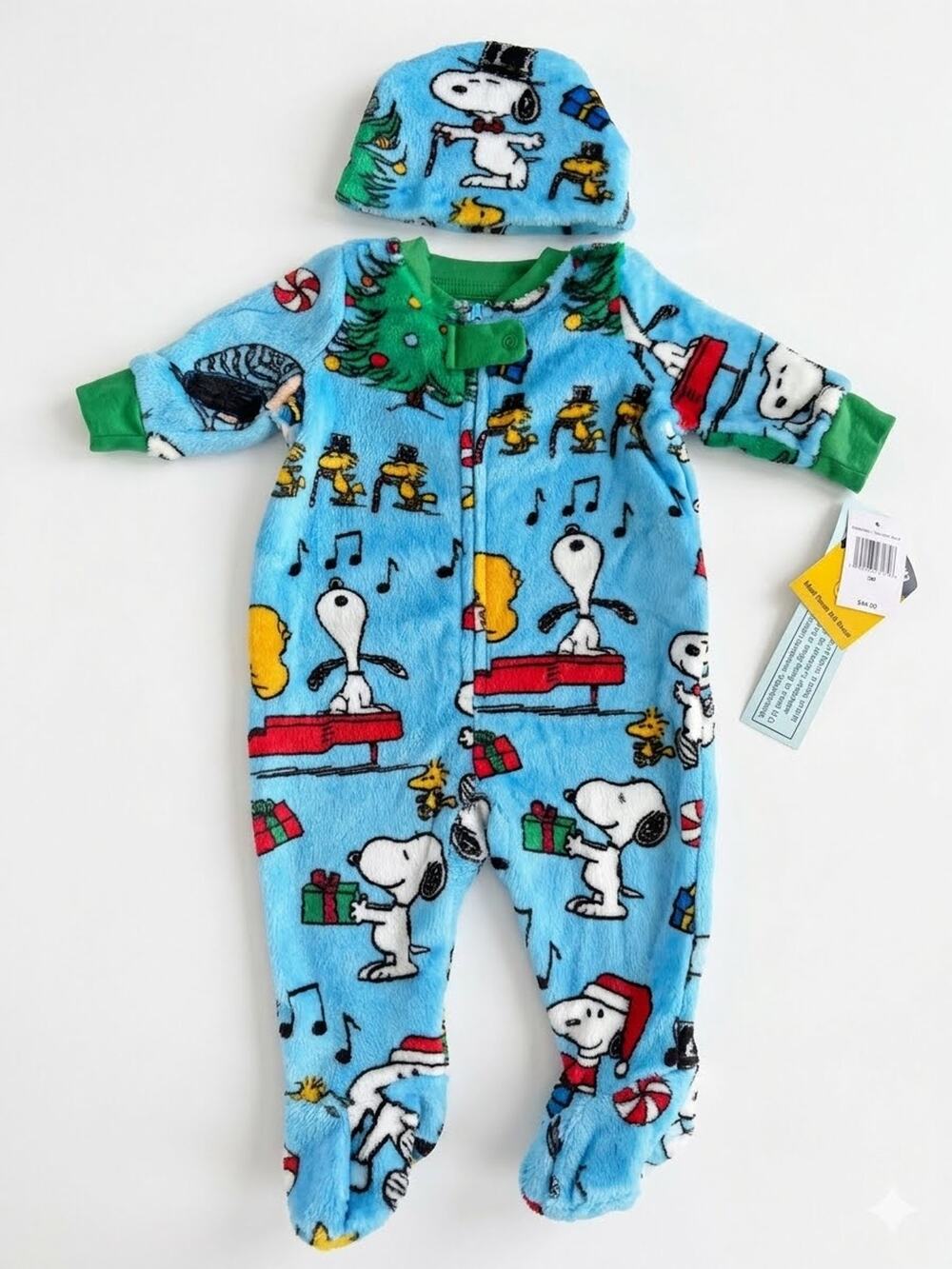 NEW! 9M Peanuts Snoopy Infant Pajamas Fleece Footed Union Suit w/Beanie Blue
